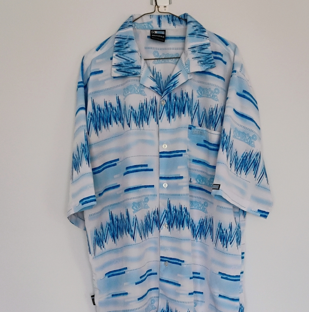 Vintage Y2K Southpole Blue & White Shockwave Pattern Streetwear/Skate Shirt - L